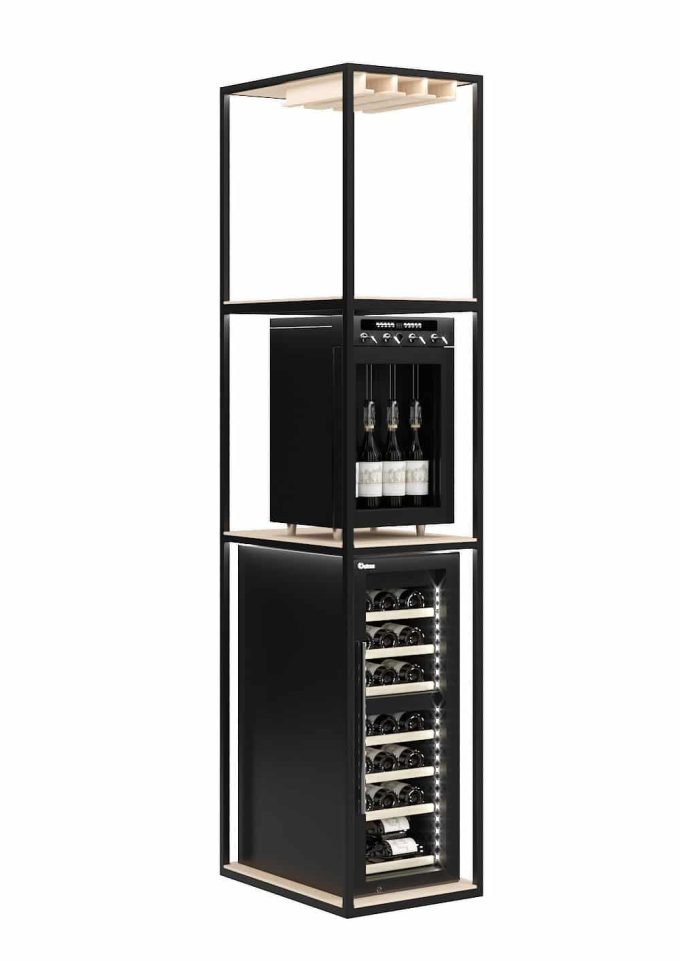Custom shelving unit for Wine Coolers with storage racks for hanging wine glasses
